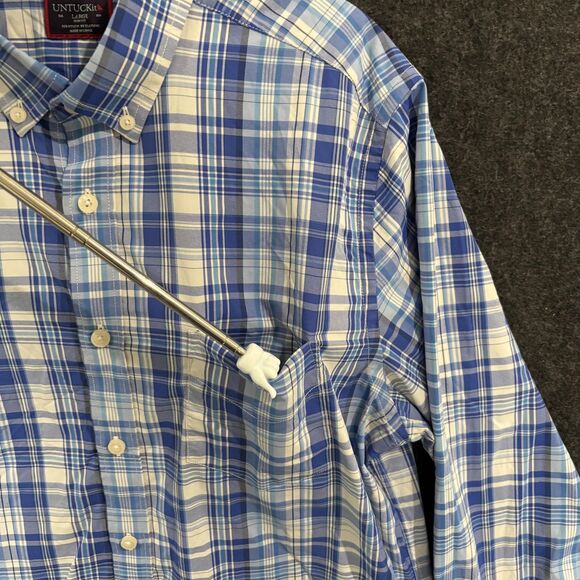 Untuckit Tramonti Shirt Men's Large Blue White Plaid Slim Fit Button Down Pocket - Picture 3 of 9